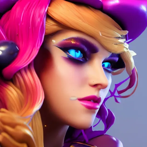 Prompt: still of pretty KDA More Miss Fortune (wild rift) close up in KDA More music video. 3d render, octane render, game art, realistic, highly detailed, trending on artstation, 4k, trending on artstation, cgsociety, unreal engine 5, redshift render, trending on artstation, blender, behance, cg