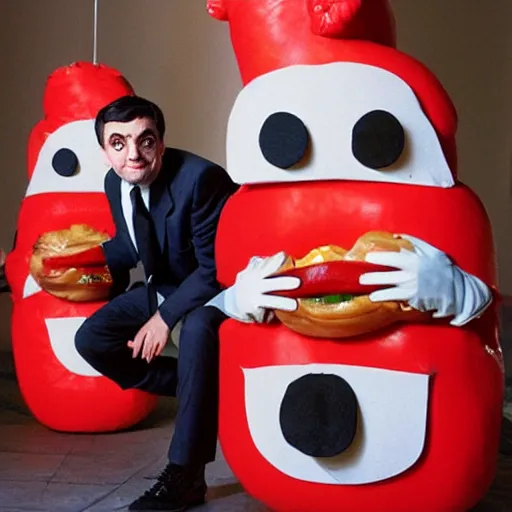 Image similar to A World Press Photo Award winning photograph of mr. Bean dressed as a hotdog