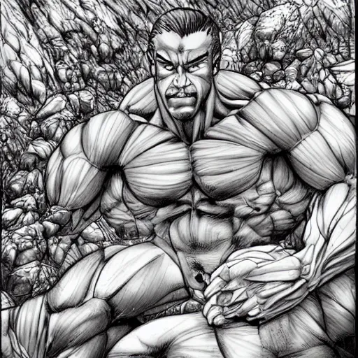 Image similar to a crawling mountain of muscles, highly detailed, manga, award winning pictures, by studio mappa, by studio wit