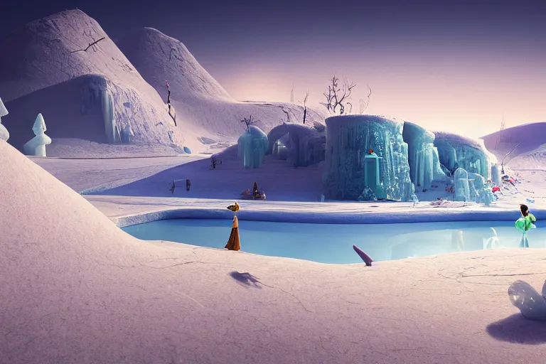 Image similar to a hd render of a surreal frozen landscape, by beeple and salvador dali