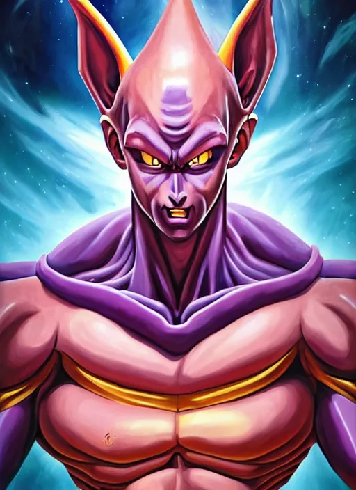 Image similar to a epic portrait of beerus from dragon ball z, art by boris vallejo and greg danton and denys tsiperko, detailed, hyperrealism, artstation