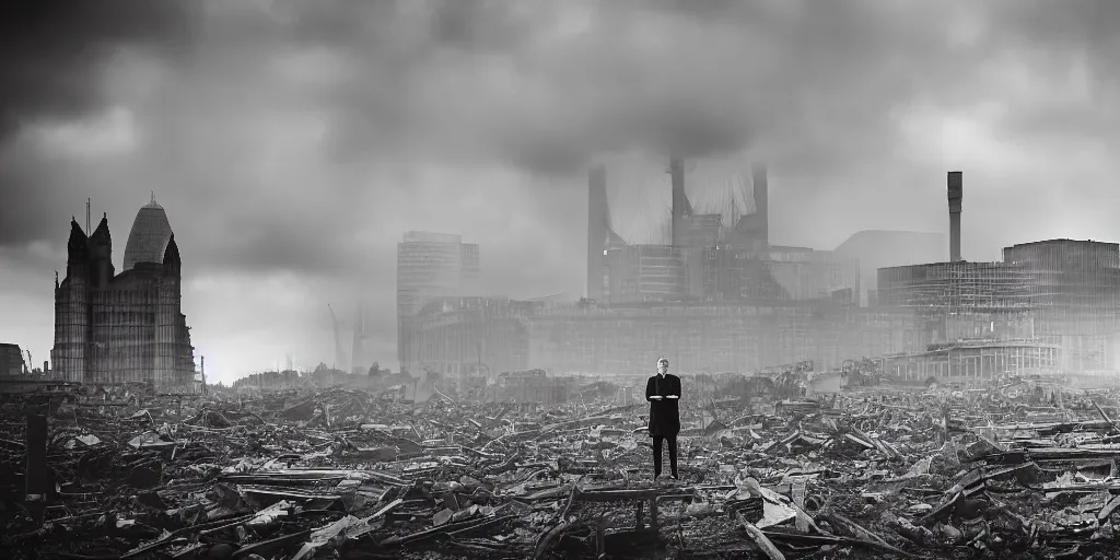 Image similar to a portrait of Boris Johnson standing in front a nuclear landscape of the southbank centre in london, the london eye and big ben are still standing, collapsed brutalist architecture, groups of human figures stagger amongst the ruins, fog, dust atmosphere, brooding clouds, mushroom cloud, detailed, 4k