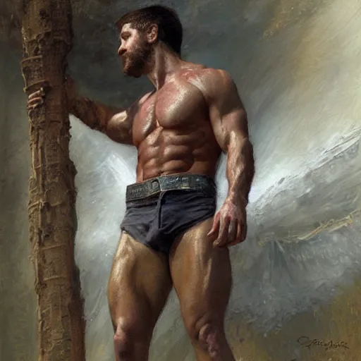 Image similar to Jake Gyllenhaal with a shredded body type, painting by Gaston Bussiere, Craig Mullins