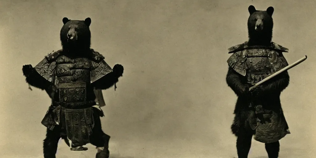 Image similar to anthropomorphic asian black bear in full samurai armor, 1900s photo