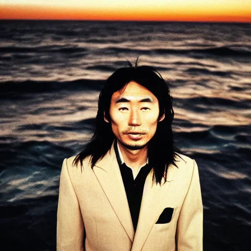Image similar to japanese man with long hair wearing a beige suit and black pants standing in the ocean, looking at the camera, sunset, night, wide shot, ((tatsuro yamashita)), album cover, 1981, grammy award winning