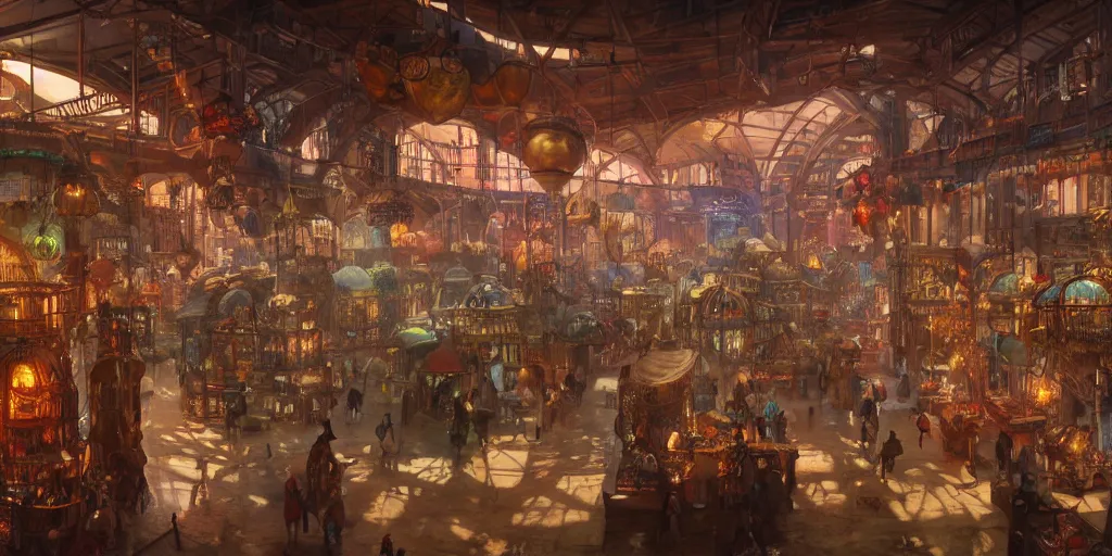 Image similar to steampunk market interior, colorful, 3 d scene, greg rutkowski, zabrocki, karlkka, jayison devadas, trending on artstation, 8 k, ultra wide angle, zenith view, pincushion lens effect