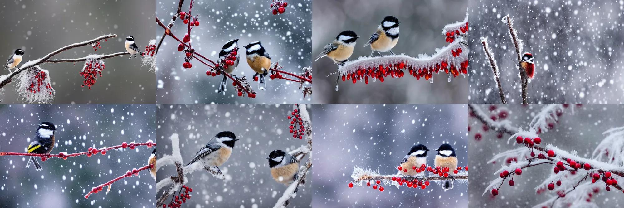 Prompt: a photograph of a pair of chickadees, sitting on the branch of a mountain ash tree, with red berries and icicles, in the winter, snowing, gray sky with wispy clouds, macro lens, f / 1. 5