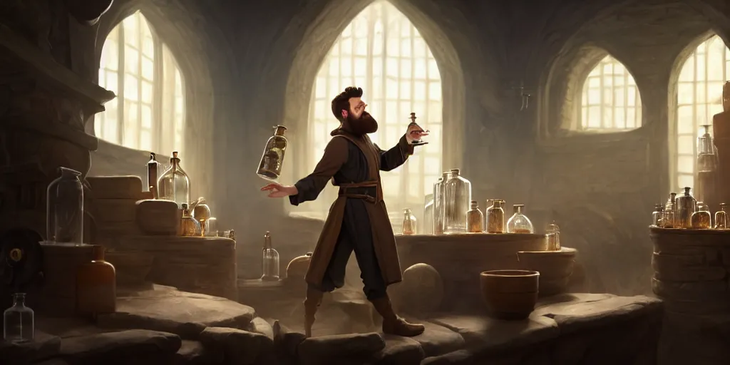 Prompt: a handsome bearded caucasian male sorcerer with brown hair, he is in a alchemist lab filled with beakers and equipment, he is casting a spell from a open book with magic filling the frame, neutral pose, epic composition, 4 k, light rays, super coherent, by dave melvin and greg rutkowski