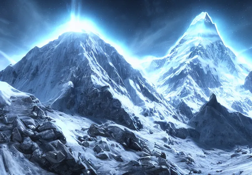 Prompt: protoss spaceship destroying mount everest, crumbling mount everest using photo cannon beams. powerful visual represenation beautiful art uhd 4 k, artstation, hdr, 4 k, incredible detail, cinematic lighting, unreal engine 5