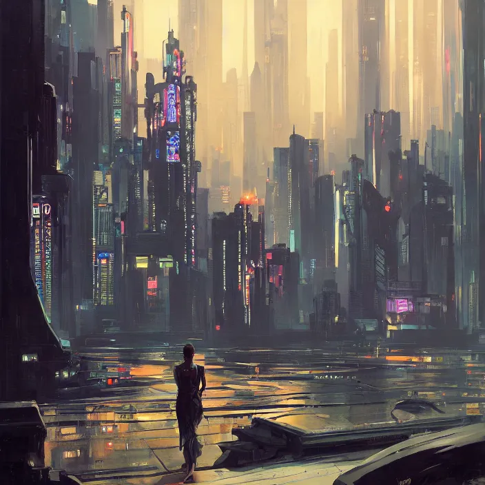 Image similar to noir skyline from cyberpunk cambodia, south east asian architecture, oriental, oil painting, detailed, by greg rutkowski, by syd mead