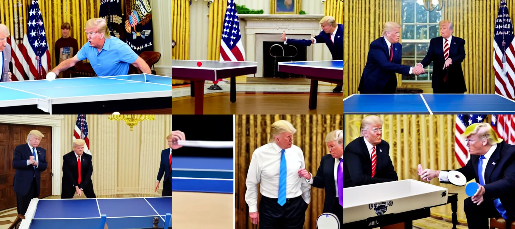 Prompt: a secret photo of joe biden and donald trump playing table tennis together in the white house