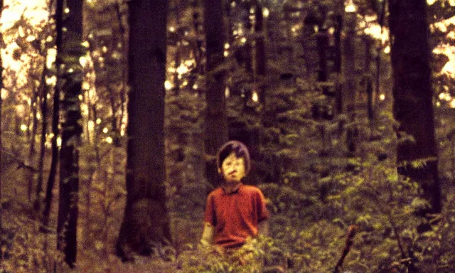 Image similar to kid looking at camera in forest at dusk, colorized 70s photo, out of focus, motion blur, cctv footage, horror movie, horror lighting, blair witch project, old photo, found footage