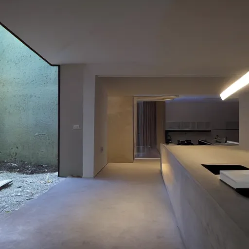 Image similar to interior of a modern brutalist house, night,