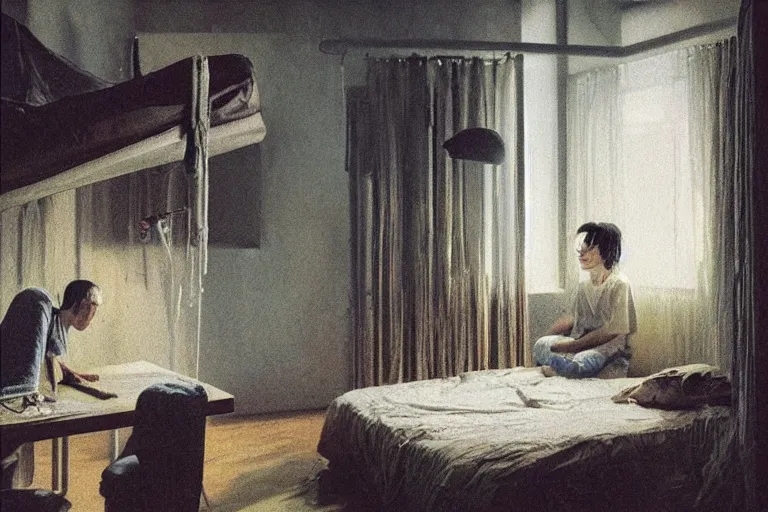 Image similar to IKEA catalogue photo, cyberpunk teenager bedroom, by Beksiński