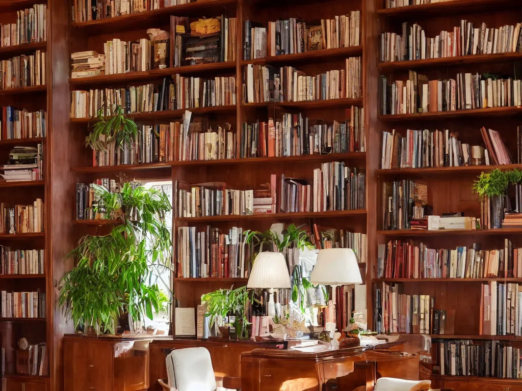 Prompt: A beautiful office room with mahogany bookcases and many beautiful plants and sunset light coming through the windows