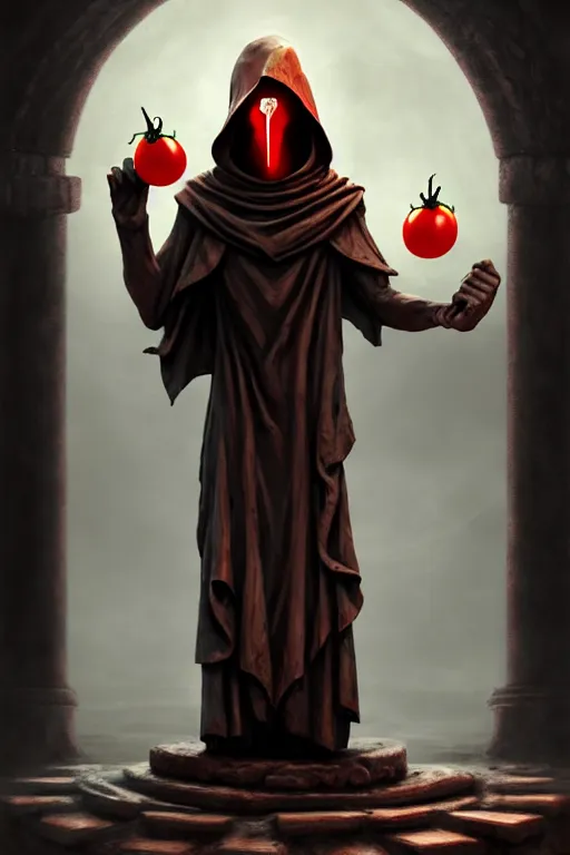 Image similar to an ancient statue of a hooded cultist is holding a bloody knife in one hand and a tomato on the other, standing in a forgotten temple to an eldritch god, by patrick mcenvoy and michael komarck and fantasy flight, incredible quality, trending on artstation