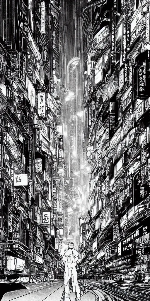 Image similar to beautiful and detailed anime drawing of an GHOST IN THE SHELL-like cyberpunk city landscape with light trail from a motorcycle at the bottom and a bridge silhouette at the top, japan at night, 1980s, by Katsuhiro Otomo and mamoru oshii, wide angle, worm\'s eye view, grand, clean, colorful