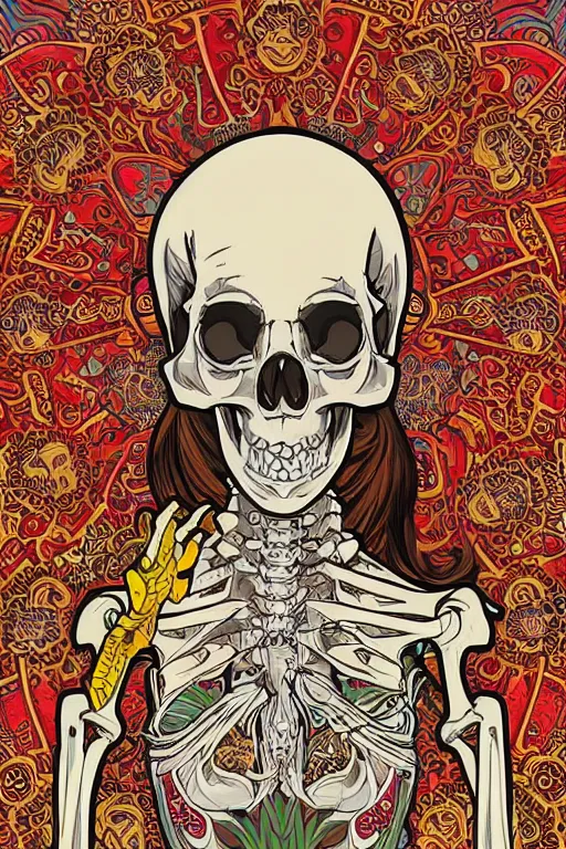 Prompt: thai traditional dress, skull portrait girl female skeleton illustration detailed patterns art pop art, splash painting, art by geof darrow, ashley wood, alphonse mucha, makoto shinkai