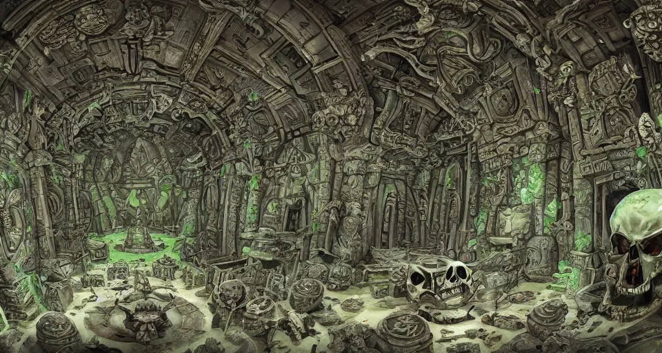Image similar to a primodrial throne room made of green-gray stone covered in cursed glyphs, immense evil throne, macabre cavrings, bone and fossil theme, skulls on the walls weep glowing poison, wide-angle shot, angled view, fisheye lens, , animation background painting from Thundercats (1985), floor and ceiling visible, villain lair, haunted, ghoulish, macabre, burtonesque, two point perspective, clean scan, artstation trending, 8k