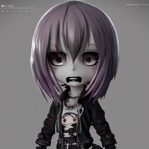 Image similar to portrait of a grungy skull anime and chibi very cute doll by super ss, cyberpunk fashion, nendoroid, kawaii, cyberpunk fashion, character modeling, maximalist sculpted design, toy design, substance 3 d painter, vray, soft vinyl, trending in artstation