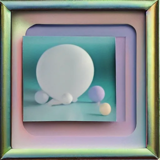 Image similar to a pastel colour high fidelity Polaroid art photo from a holiday album at a seaside with abstract inflatable parachute furniture ((and spheres)), all objects made of transparent iridescent Perspex and metallic silver, no people, iridescence, nostalgic