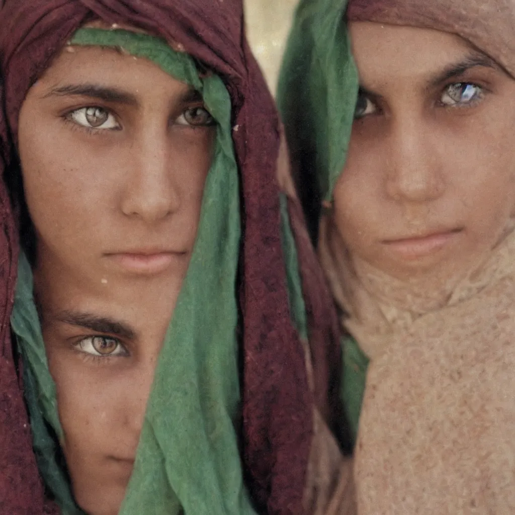 Prompt: a teenage girl og afghani descent with strikning green eyes stares into the camera with deep read headscarf. kodachrome