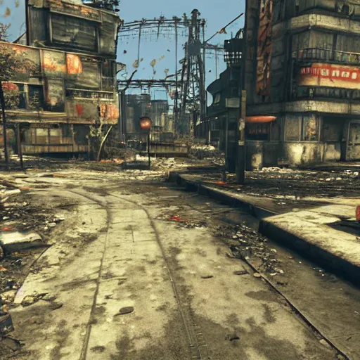 Prompt: Osaka in ruins post-nuclear war in Fallout 4, in game screenshot