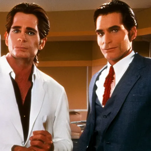 Prompt: huey lewis and the news visit patrick bateman in a pschy ward and give him a kiss on the lips