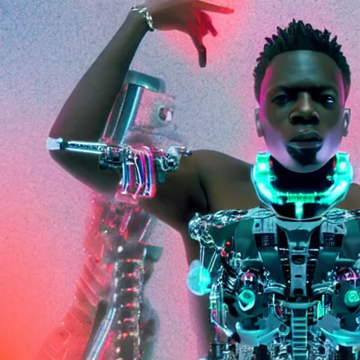 Image similar to a cinematic film still of rapper unotheactivist as a cybernetic cyborg, cgi, surrealism, film photography