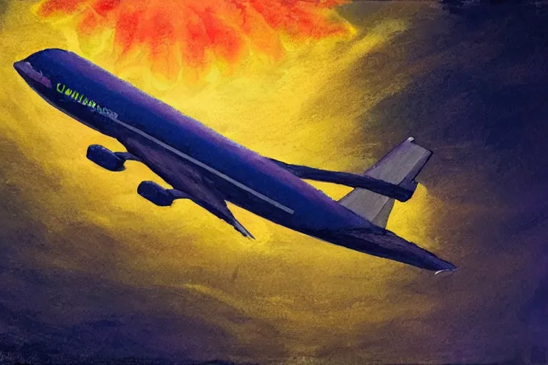 Prompt: jumbo jet, art by eva widermann and david a. cherry, trending on artstation, dark atmospheric lighting low angle view unreal engine 5, crayon art, infrared, fantasy artist, pixar