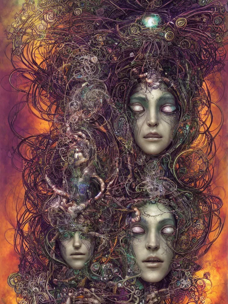 Image similar to an ancient mystical alluring female shaman generating flowing energy and surrounded by wisps of incense smoke meditating in a cybernetic robot temple , face face face, by android jones and brian froud