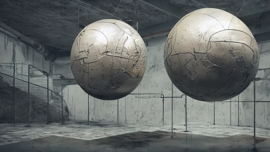 Prompt: a single giant metal sculpture of earth floating in an underground laboratory, trending on artstation, photorealistic, octane render 8 k uhd