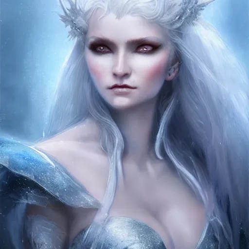 Image similar to kerli koiv as a ice queen full ball gown dress frozen eylashes, darkwave, darksynth, concept headshot art, sharp, digital matte painting, art by luis royo, greg rutkowski, wlop, dramatic lighting, trending on artstation