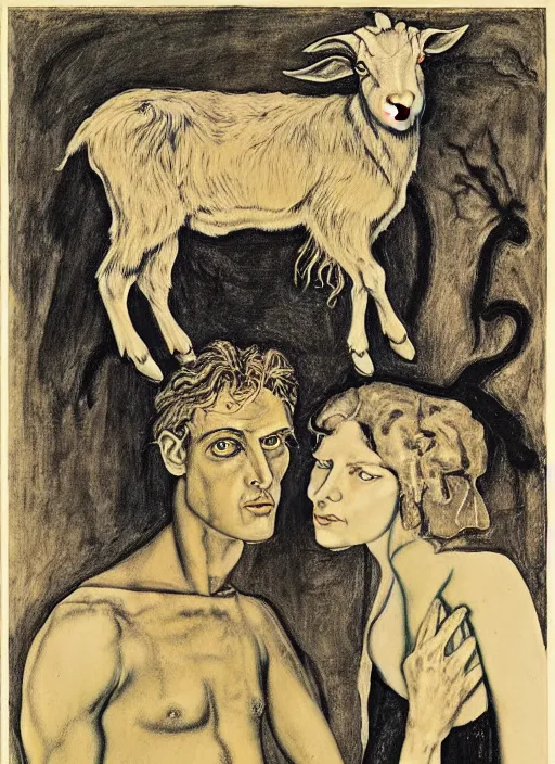 Image similar to boy, girl and a goat, by austin osman spare, high resolution