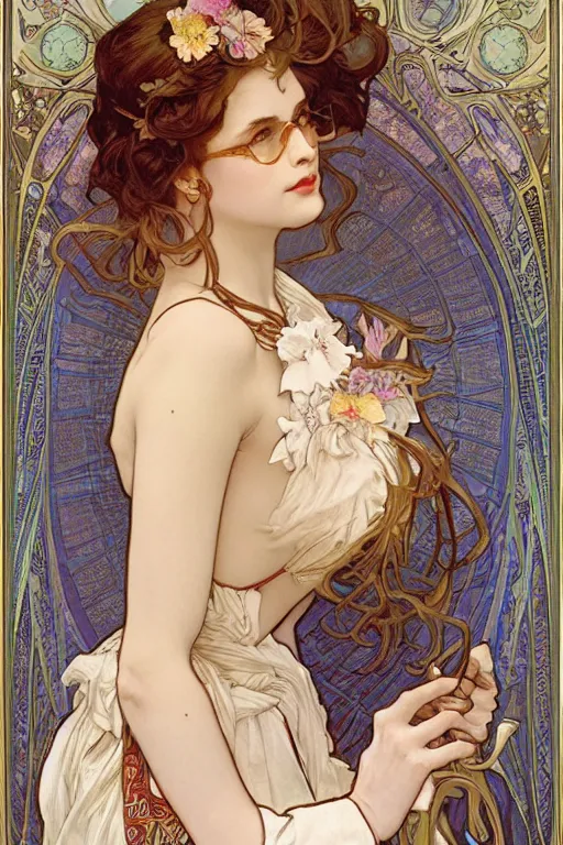 Prompt: hyper-realistic a voluptuous librarian in a white blouse and bejeweled sunglasses, model, beautiful, flirty by Alphonse Mucha, Ayami Kojima, Amano, Charlie Bowater, Karol Bak, Greg Hildebrandt, Jean Delville, Pablo Picasso and Mark Brooks, Art Nouveau, Neo-Gothic, gothic, iridescent deep colors