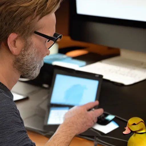 Prompt: a man sitting in front of a computer using discord generating images of ducks using machine learning