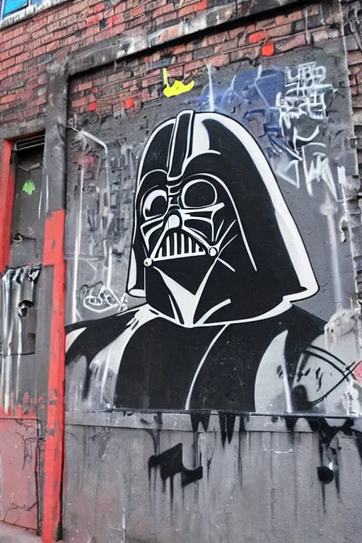 Image similar to darth vader graffiti art in inner city alley on tatooine