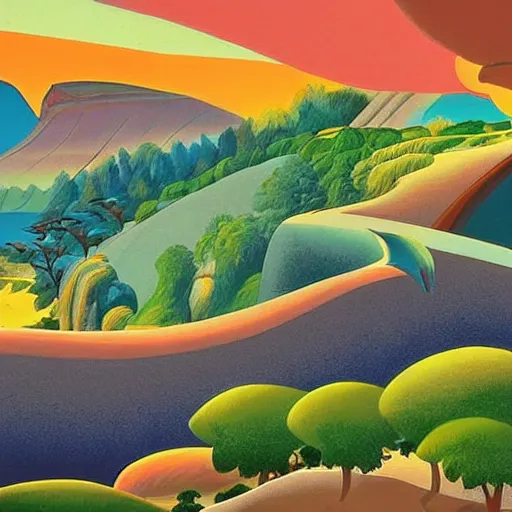 Image similar to hanna barbera, beige imposing, fine by alex ross. a illustration of a landscape. it is a stylized & colorful view of an idyllic, dreamlike world with rolling hills, peaceful animals, & a flowing river. the scene looks like it could be from another planet, or perhaps a fairy tale.