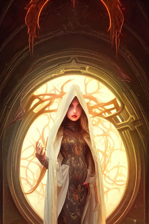 Image similar to painting of a shy hooded noon succubus in front of a dimensional portal, decorated, intricate, elegant, highly detailed, digital painting, artstation, concept art, smooth, sharp focus, illustration, art by artgerm and greg rutkowski and alphonse mucha, 8 k