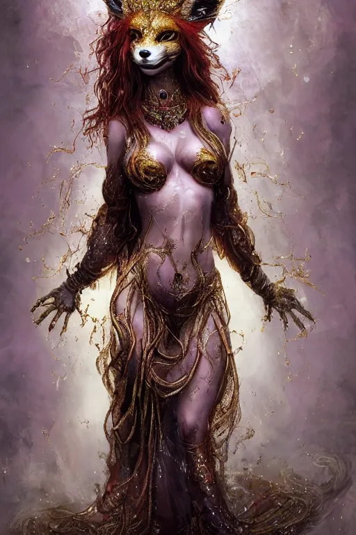 Prompt: priestess thin woman with curly red hair with glittering priestess clothes wearing a glittering fox mask with tiny mineral and bismuth incrustations. By tom purvis, emil melmoth, zdzislaw belsinki, Craig Mullins, yoji shinkawa, dark rainbow color scheme, featured on artstation, beautifully lit, Peter mohrbacher, zaha hadid, hyper detailed, insane details, intricate, elite, ornate, elegant, luxury, dramatic lighting, CGsociety, hypermaximalist, golden ratio, environmental key art, octane render, weta digital, micro details, 3d sculpture, structure, ray trace 4k