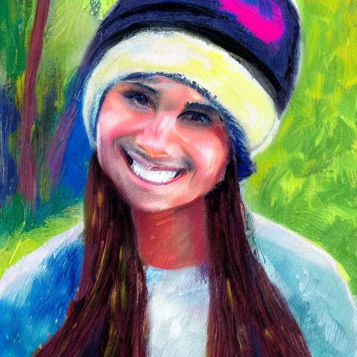 Prompt: painting of a girl with large smile, black color, beanie, impressionist style