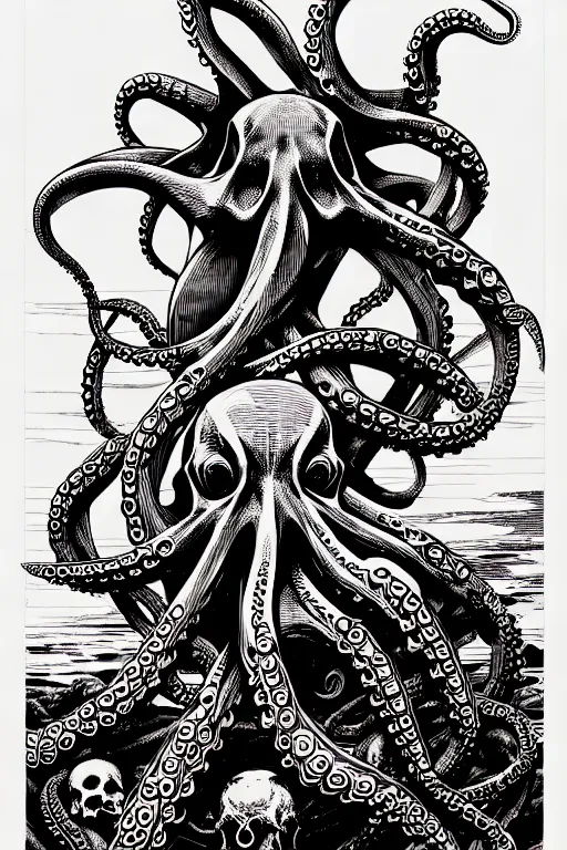 Image similar to side view of an octopus sitting on pile of skulls, high details, bold line art, by vincent di fate and joe fenton, inking, etching, screen print, masterpiece, trending on artstation, sharp, high contrast, hyper - detailed, hd, 4 k, 8 k