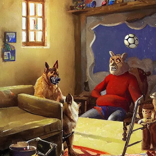 Image similar to a humanoid german shepherd beast - man, sitting and watching a soccer match in his house on television, he has hurt his knee and is a dad, by erin hanson, alexi zaitsev, karl spitzweg, award winning, tv set