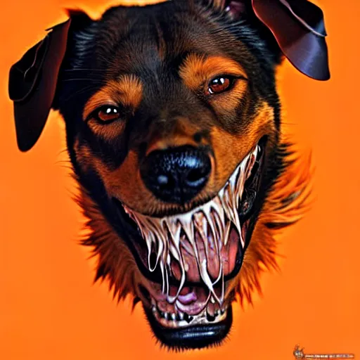 Prompt: orange and brown skinned dog with crazed eyes, and a strained toothy grin smile. has spiky long unwashed hair. he wears a metalic dog collar, smooth, sharp focus, illustration, art by artgerm and greg rutkowski and alphonse mucha