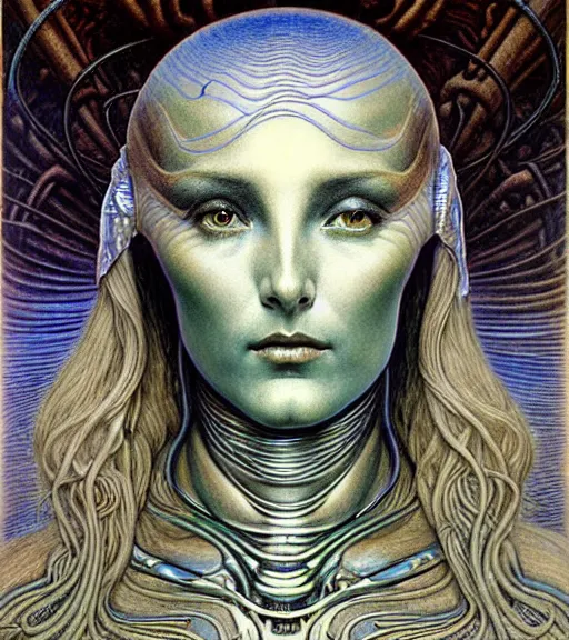 Image similar to detailed realistic beautiful young cher alien robot as queen of mars face portrait by jean delville, gustave dore and marco mazzoni, art nouveau, symbolist, visionary, gothic, pre - raphaelite. horizontal symmetry by zdzisław beksinski, iris van herpen, raymond swanland and alphonse mucha. highly detailed, hyper - real, beautiful