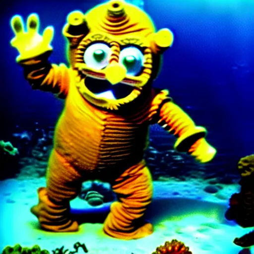 Prompt: rusted barnacle covered teletubby at the bottom of the ocean