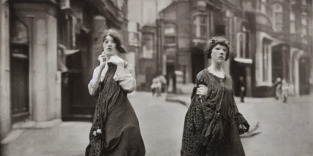 Image similar to dream a young red haired woman with freckles looks deeply into the camera, 1920's london street, 100, 50mm, art nouveau, f4.0, style of Joel Meyerowitz, gustav klimpt