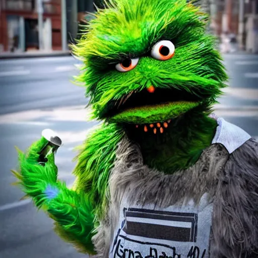 Image similar to stunning award winning hyperrealistic hdr 8 k highly detailed portrait photo of oscar the grouch as a real human