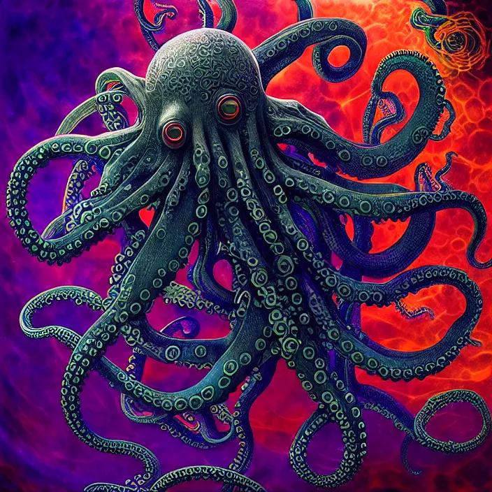 Image similar to depicting an octopus, a submarine with tentacles wrapped around it, in the style of h. p. lovecraft, exuberant organic elegant forms, by karol bak and filip hodas : : 1. 4 purple, red, blue, green, black intricate mandala explosions : : intuit art : : turbulent water backdrop : : damask wallpaper : : atmospheric