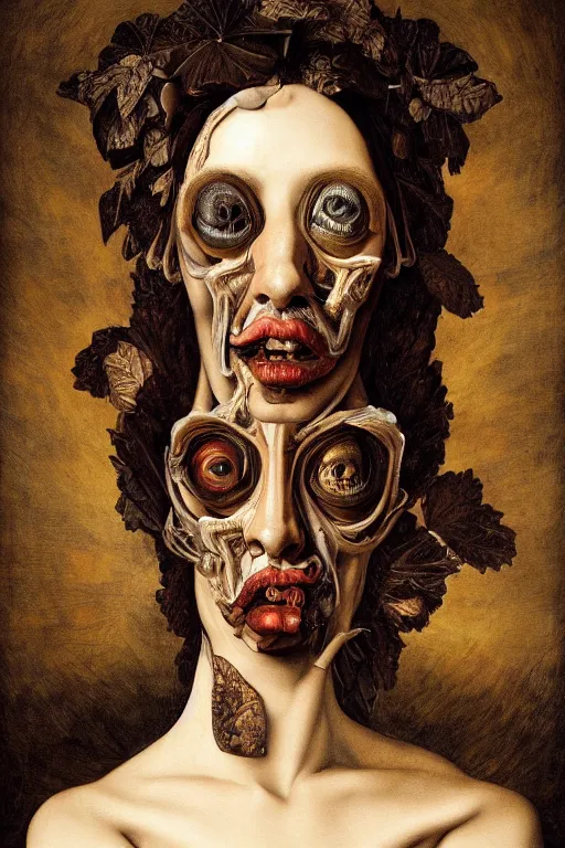 Prompt: Detailed maximalist portrait with large lips and with large wide eyes, surprised expression, surreal extra flesh and bones, HD mixed media, 3D collage, highly detailed and intricate, illustration in the golden ratio, in the style of Caravaggio, dark art, baroque